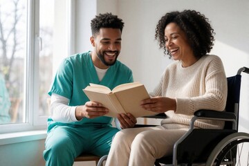 Obraz premium Male caregiver reads book to smiling woman in wheelchair. Professional nurse provides support, companionship in home care facility. Happy patient enjoys reading time with helper. Emotional connection