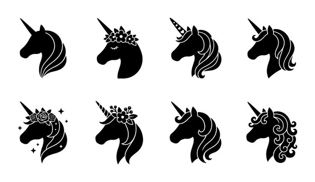 Unicorn head silhouettes set with floral wreaths and stars for fantasy logos