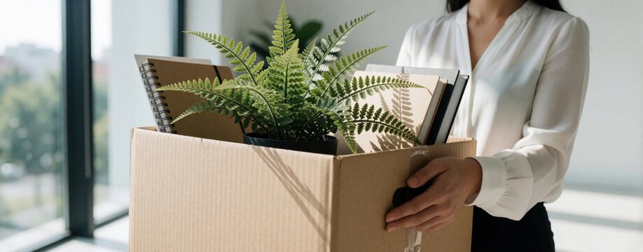 Sad businesswoman carries cardboard box with personal belongings, green plant. Displaced female employee leaves office after job layoff resignation. Unemployed woman packs stuff to move out from