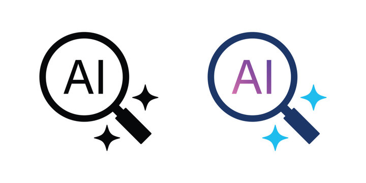 AI search icon with artificial intelligence, magnifying glass and sparkle symbol. Transparent vector and PNG