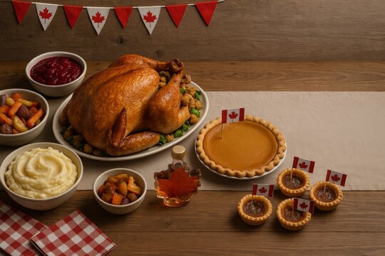 Canadian Thanksgiving table with roasted turkey, pumpkin pie, cranberry sauce, mashed potatoes, and maple syrup, decorated with Canadian flags