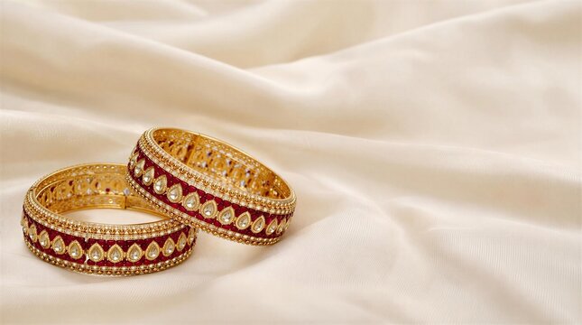 Elegant gold bangles with pearl accents on a soft fabric background  