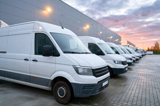 White vans line up near a warehouse at dusk. Sunlight glows low on the horizon. Shadows stretch across the paved lot. Vehicles appear ready for delivery work. Ideal for business, logistics