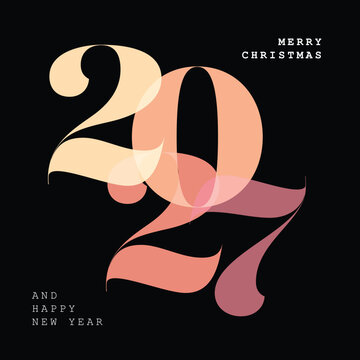Celebrate with this 2027 New Year graphic featuring elegant overlapping typography. The stylish 2027 New Year design uses warm tones for a festive Merry Christmas greeting on black.
