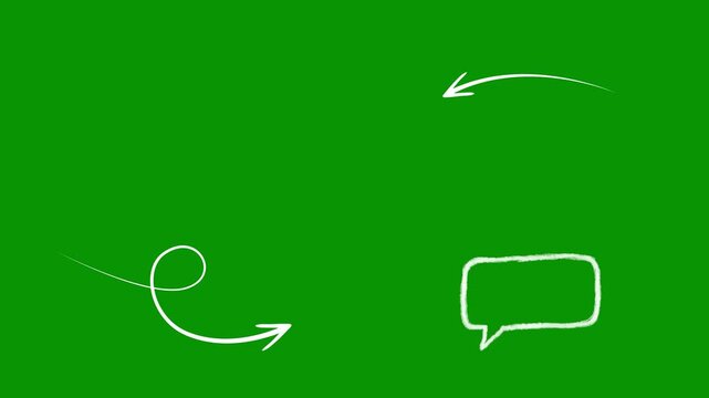Chromkey green screen footage showcasing white hand-drawn graphics. This video includes messy scribble knot, straight left arrow, curved directional arrow, and rectangular bubble.