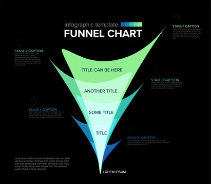 A modern funnel chart template featuring five stages in a sleek green and blue design. This funnel chart is ideal for business presentations, marketing data, and conversion analysis.