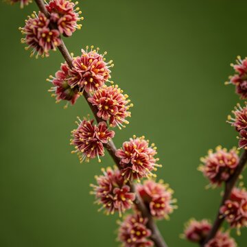 Delicate clusters of reddish-brown flowers bloom on slender branches of a flowering elm tree against a soft, natural green background, flower, medicine, serenity
