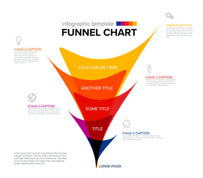 This colorful funnel chart infographic template displays five stages of a process. Use this funnel chart to visualize your marketing sales funnel and business data flow effectively.
