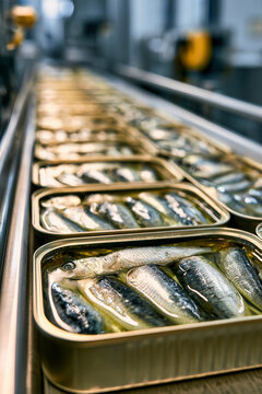 A row of rectangular tins contains neatly arranged headless sardines in oil, placed on an assembly line in a modern factory