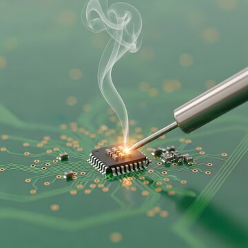 Detailed view of a precise soldering iron tip touching a microchip on a green electronic circuit board with glowing light and soft smoke, board, industrial, flux