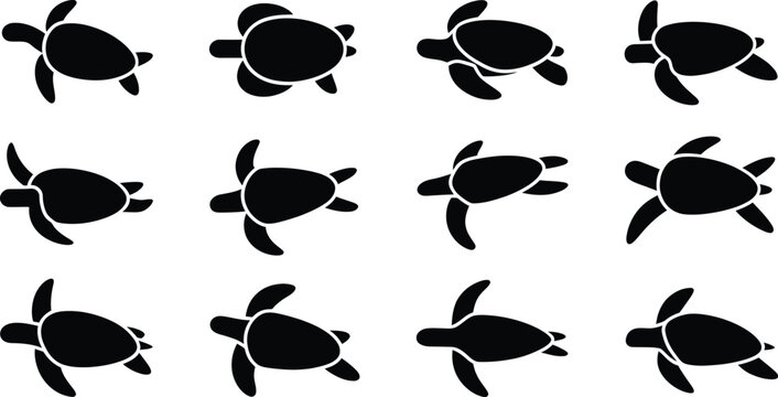 Set of twelve black silhouette of sea turtles swimming in various directions on a plain white background