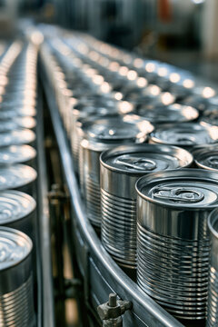 Rows of ribbed tin cans with ring-pull lids move along a metal conveyor belt in a production line. Cans are in sharp focus at the front