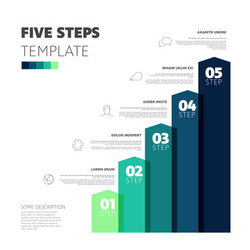 This infographic template features five steps displayed as a bar chart. Use this professional infographic template to visualize your five steps workflow and business growth process.