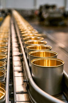 A canning production line shows open metal cans with shiny interiors placed on a conveyor system. The line moves diagonally across the frame