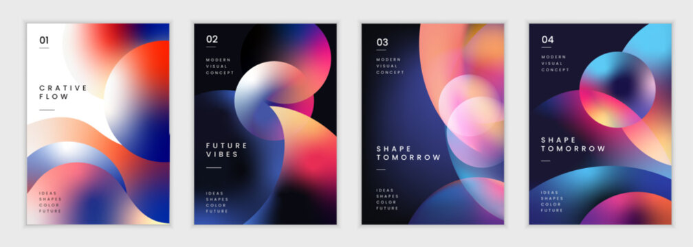 abstract Futuristic Liquid Gradient Poster Background Vector Set Featuring Modern Cover Templates with Glowing Spheres and Vibrant Color Flow for Social Media, Banners, and Wallpapers