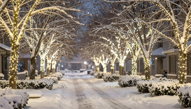 Snowy tree lined street at night decorated with warm white string lights and falling snow