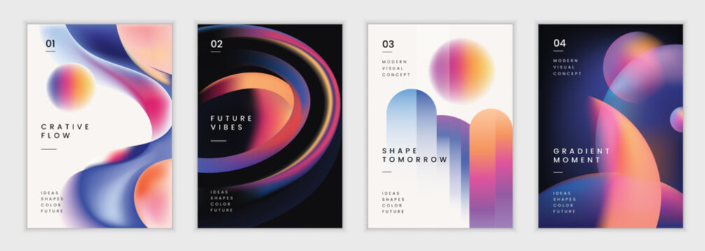 abstract Futuristic Liquid Gradient Poster Background Vector Set Featuring Modern Cover Templates with Glowing Spheres and Vibrant Color Flow for Social Media, Banners, and Wallpapers