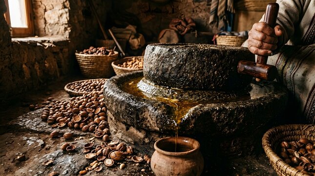 Argan oil extraction using traditional stone mill and fresh nuts.