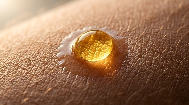 Golden oil droplet on human skin surface with magnifying lens effect.
