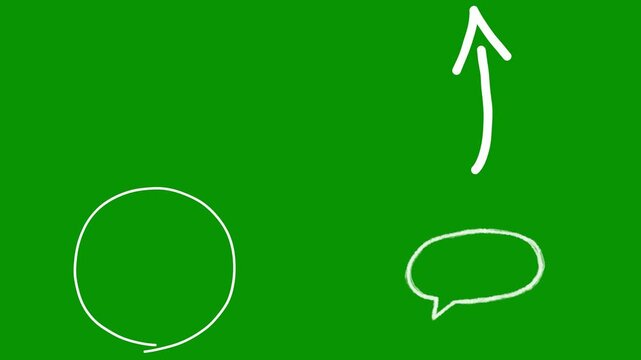 White hand-drawn sketch assets isolated on green screen chromkey. This video pack includes dead face emoji, squiggly upward arrow, large simple circle, and an oval speech bubble.
