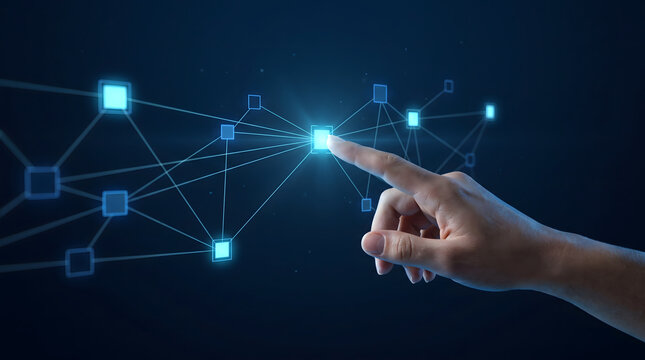 A human hand touches a glowing futuristic digital network connection and data silhouette