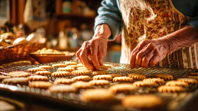 An older person is placing freshly baked cookies on a wire rack in a warm kitchen. The home is filled with cooking tools and ingredients