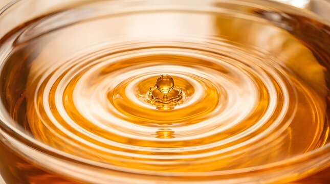Golden oil drop falling into clear liquid creating ripples in glass bowl.