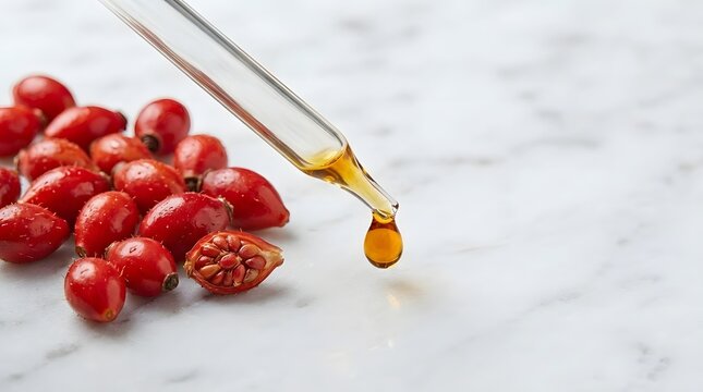 Rosehip oil extract dripping from glass dropper onto white marble surface.