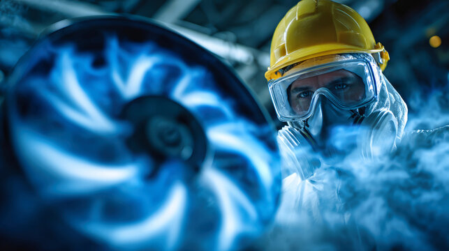 A worker wearing a helmet and respirator checks machinery while smoke surrounds the area in an industrial facility during daytime