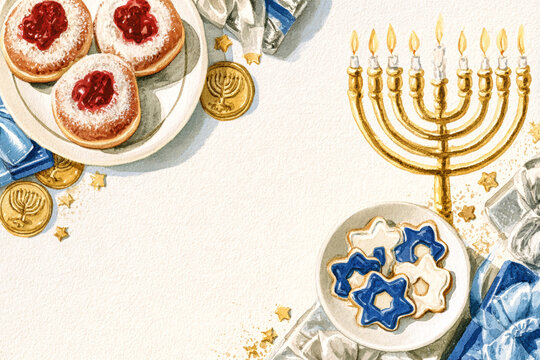 Decorative items for Hanukkah are arranged on a white background. A gold menorah with lit candles, sufganiyot, and cookies are included
