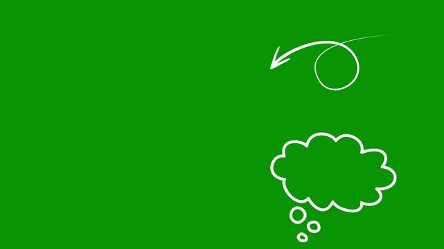 Animated white scribble elements isolated on pure bright green screen. This file provides tropical palm island, swooping U-turn arrow, lovely sunset, and cloud thought bubble.