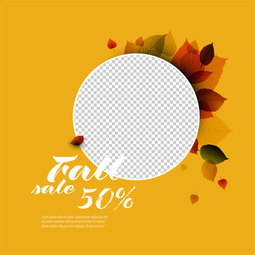Promote your autumn fall sale with this vibrant orange banner featuring fall leaves. This autumn fall sale template includes a circle placeholder for your custom product photo.