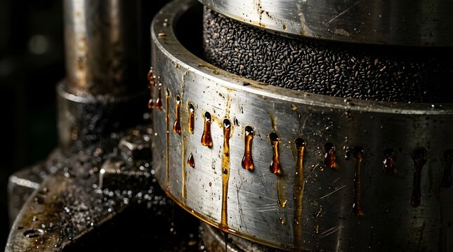 Oil extraction from black sesame seeds in industrial press machine close up.