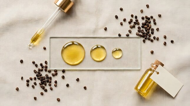 Droplets of golden oil on glass slide with dropper and peppercorns, scientific arrangement.