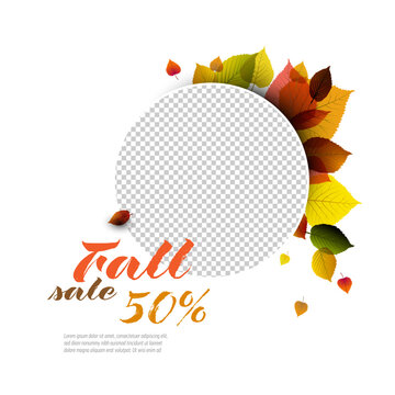 Autumn fall sale template featuring colorful leaves and a photo placeholder. This autumn fall sale design uses vibrant leaves to highlight seasonal discounts for retail marketing.