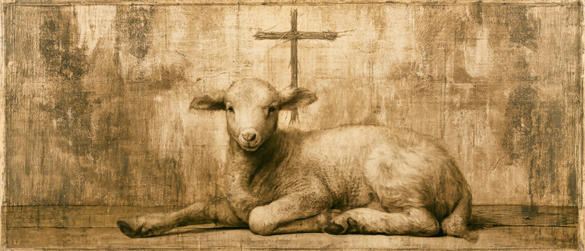 A lamb lies down in front of a wooden cross. The background has a textured wall. The scene shows a simple indoor setting with warm lighting