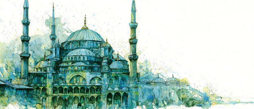 A watercolor drawing shows a large mosque with multiple domes and tall minarets during daylight. The scene captures architectural details and colors