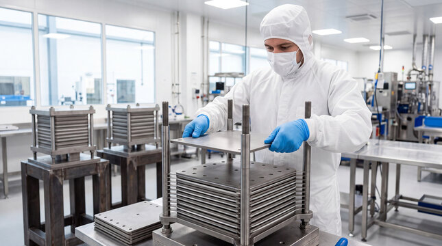 Technician in a cleanroom assembling a proton exchange membrane electrolyser stack using titanium plates