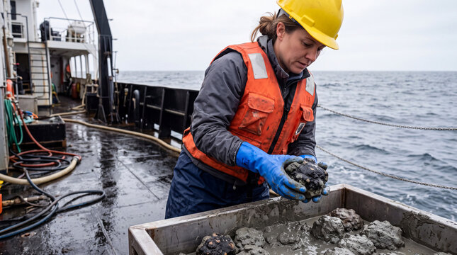 Marine scientist holding a polymetallic nodule over a tray of seabed mud on the deck of a research vessel.