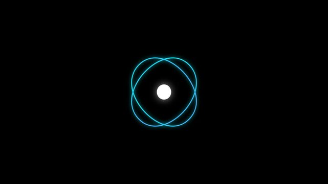 Atomic particle animation featuring glowing blue electron orbits around a white nucleus on a dark background. Seamless loop 4k motion graphics for science and technology projects.