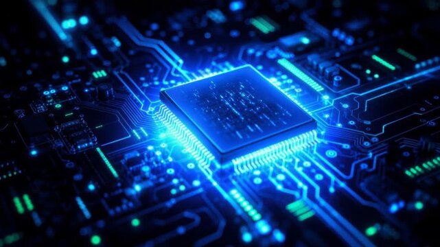 Close up of glowing computer microchip on circuit board with blue futuristic technology lighting