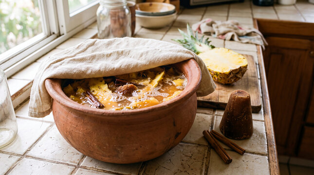 Mexican tepache fermenting in a traditional terracotta clay pot on a tiled kitchen counter