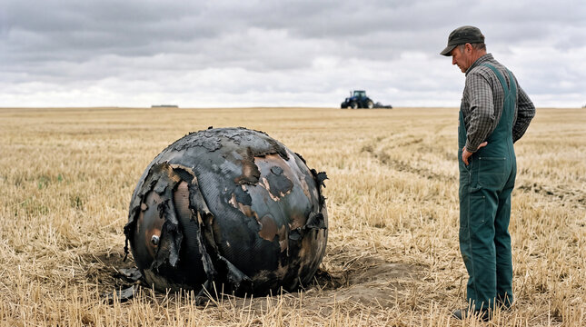 Farmer in overalls looking at a charred spherical space debris capsule in a stubble field