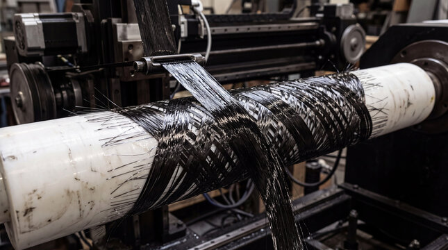 Carbon fiber filament winding machine laying down resin-wet composite bands on a turning cylinder