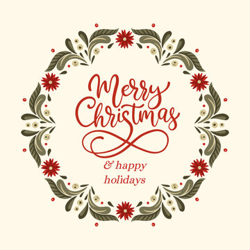 Merry Christmas Happy Holidays Card Folk Floral Wreath Poinsettia Berries Lettering New Year Scandinavian Greeting Invitation Poster Banner Vector