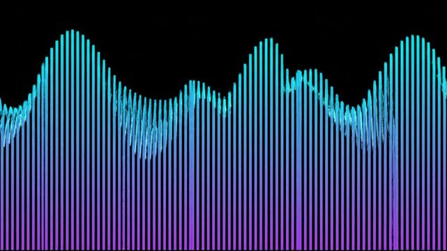 Audio equalizer wave motion graphic video featuring glowing blue and purple vertical frequency bars on black background
