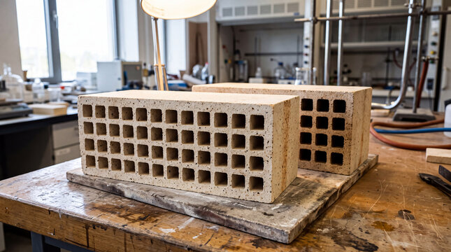 Refractory firebricks with internal air channels on a laboratory bench during thermal battery research