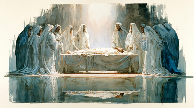 A group of apostles gathers around the lifeless body of Jesus. They are dressed in white and display various expressions of grief in a somber setting
