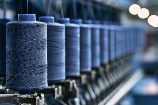 Blue cotton thread spools are mounted on a textile machine in a garment factory. A detailed shot shows threads in clear focus with blurred spools