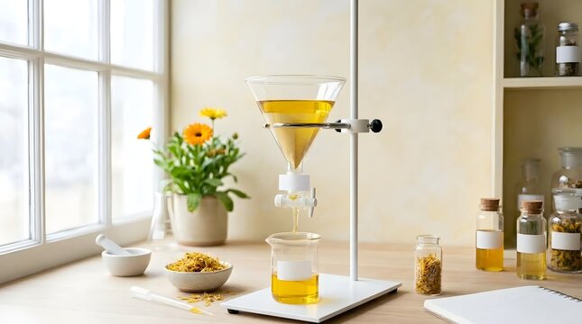 Natural herbal oil extraction process in laboratory setting with glass filtration funnel.